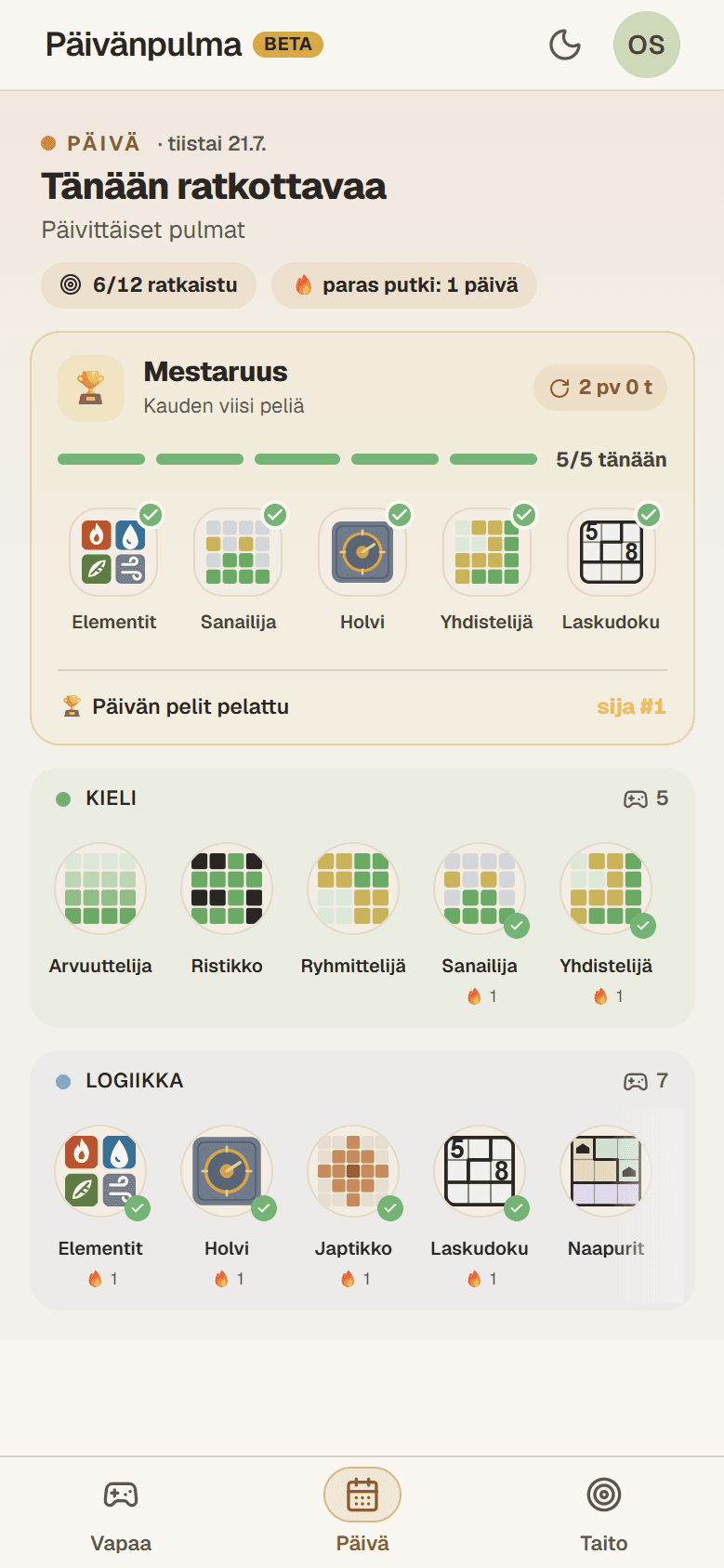 Päivänpulma's daily puzzle screen